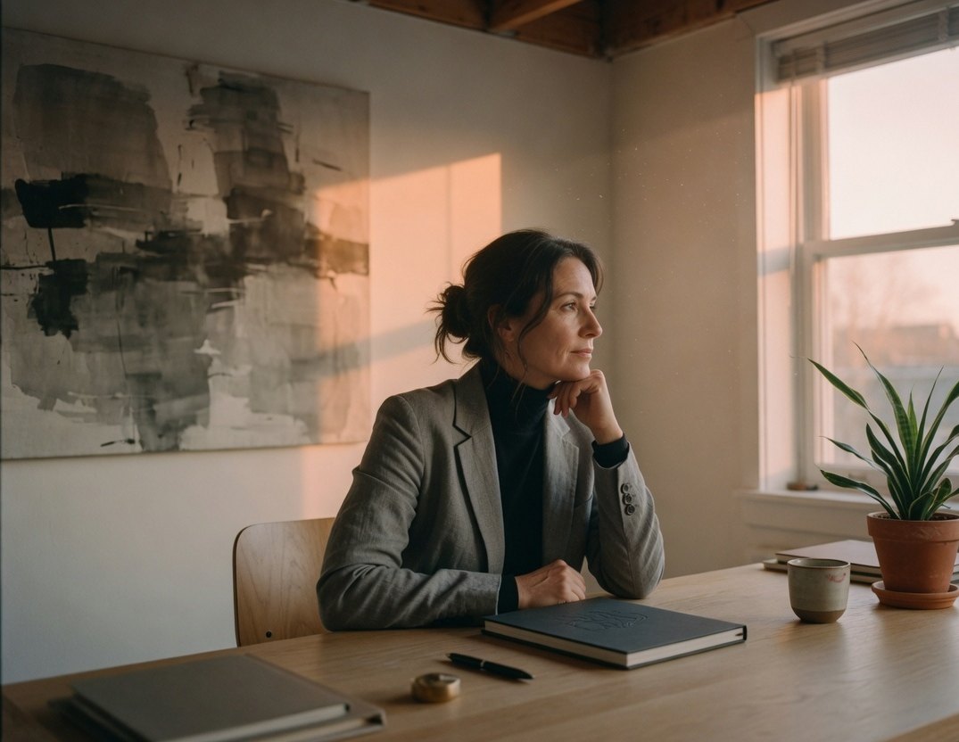 Person sitting at a wooden desk in late-afternoon light