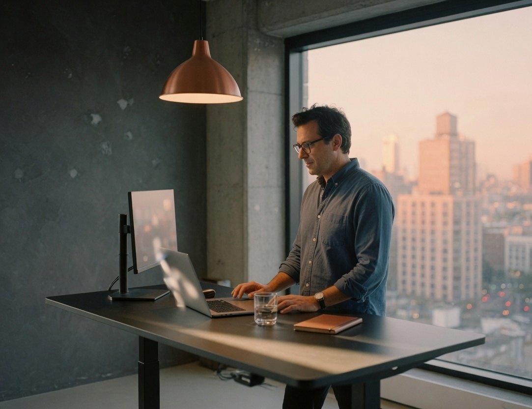 Engineer working at a standing desk beside a city window