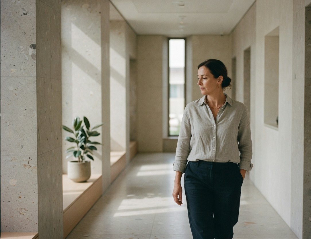 Clinician walking a quiet stone corridor