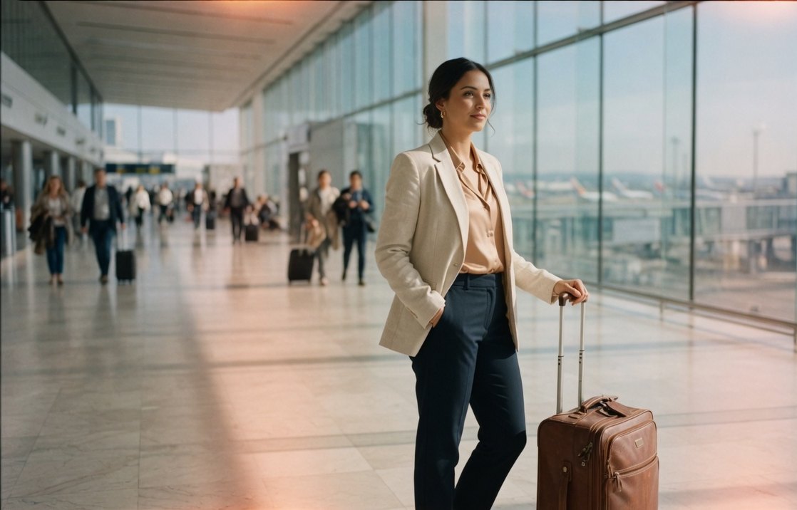 Professional with a leather carry-on standing in a bright airport concourse