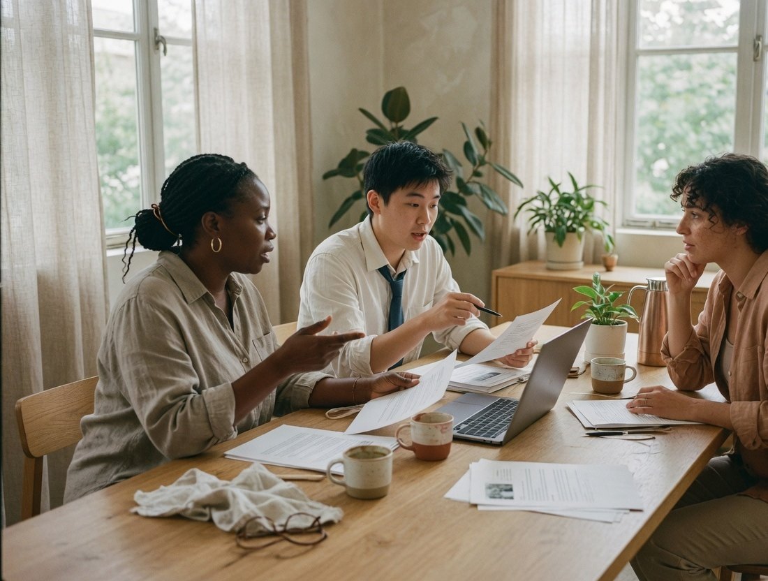 Three colleagues talking through papers around a table
